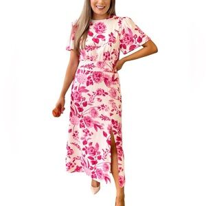 Women’s SUGARLIPS CLARICE BLOOM FLORAL MIDI DRESS pink white with slit sz MEDIUM